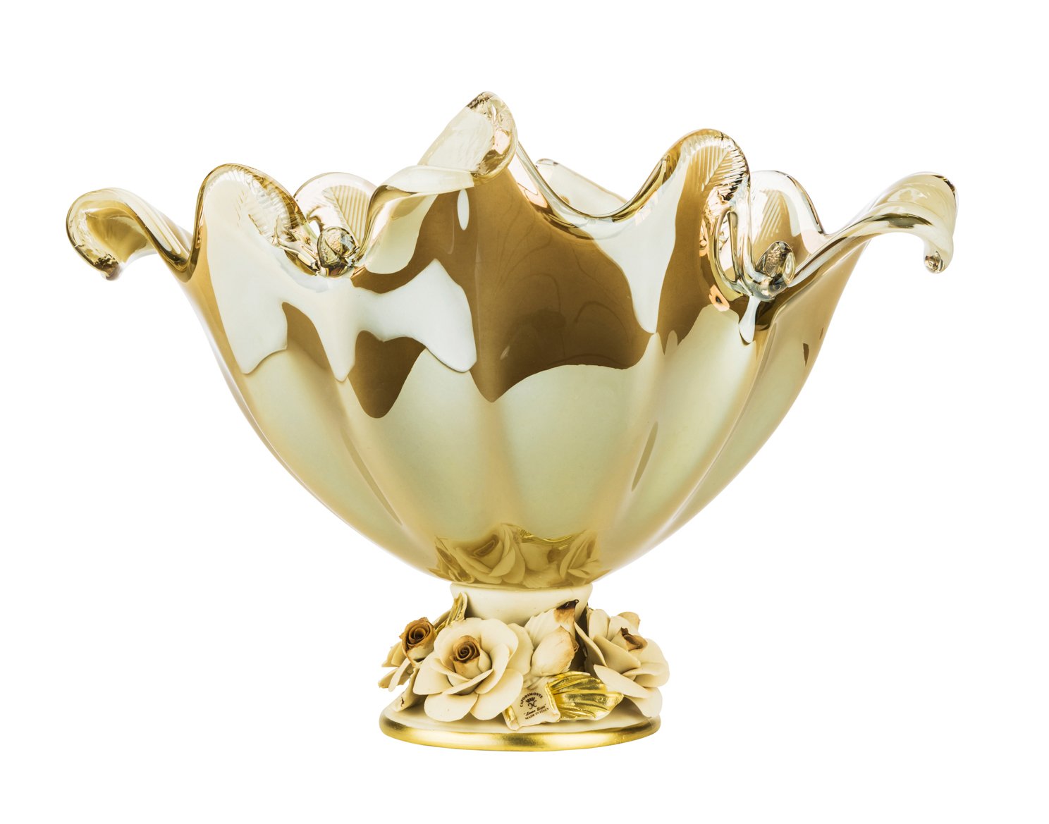 White Crystal WCN1995/GRY, 16-Inch Brown Murano/Grey Crystal Fruit Bowl on a Porcelain Stem, Decorative Centerpiece Wedding Gift Platter, Crystal Footed Deep Plate, Italian Vintage Crystal