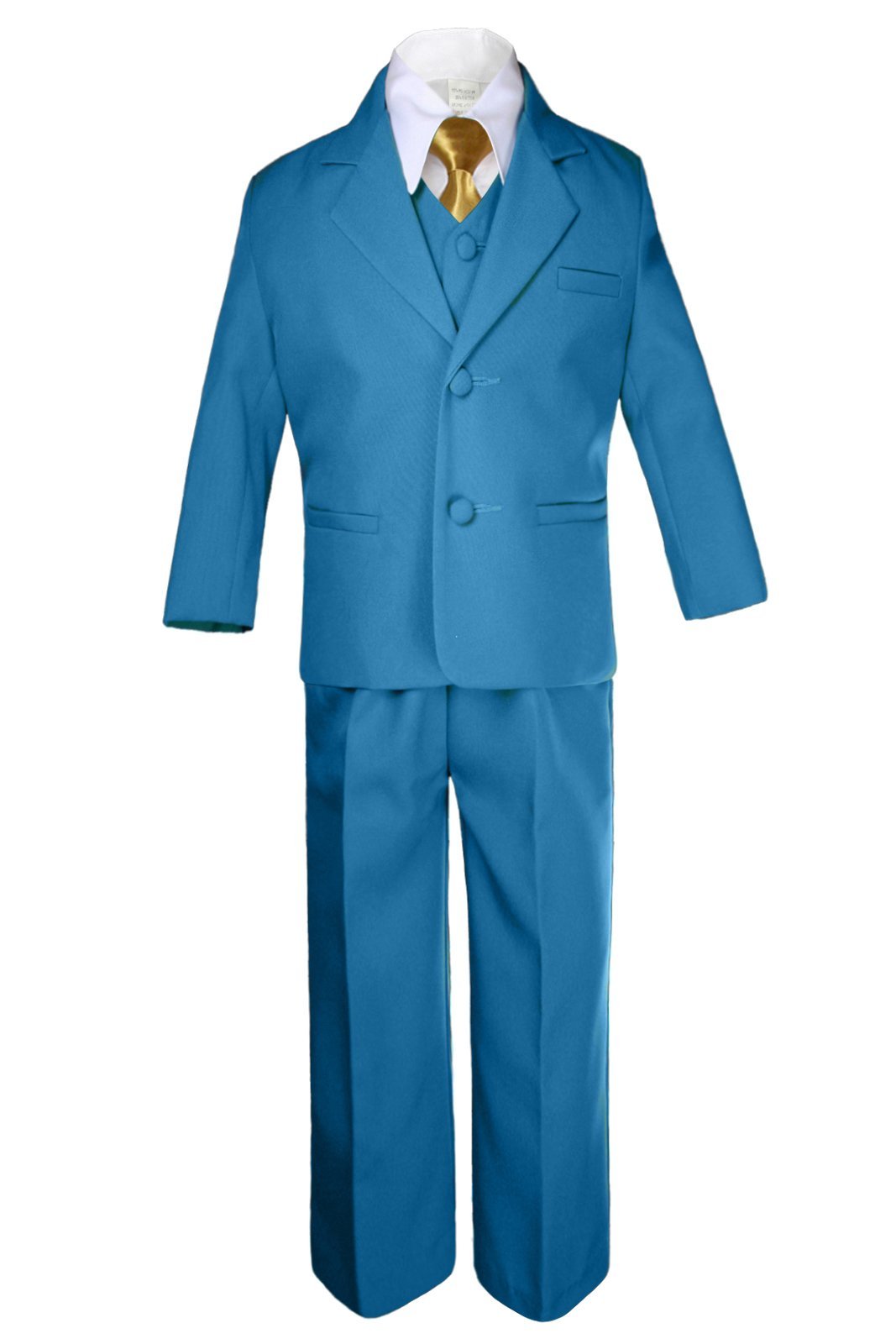 6pc Boy Wedding Oasis Malibu Teal Blue Formal Suit Gold Necktie Set Sm-14 (Medium (6-12 months))