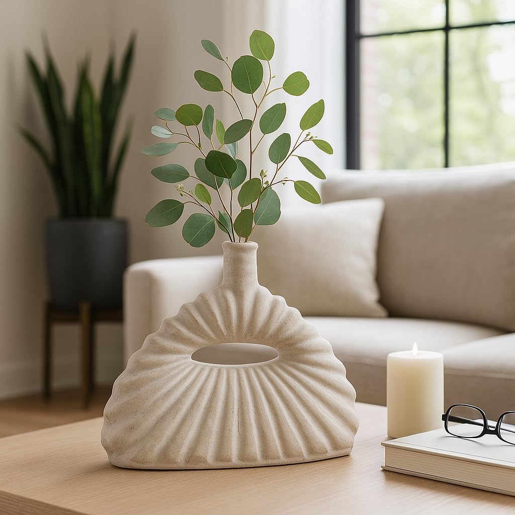 Decorative Short Ceramic Vase for Flowers Arrangements - Perfect Home Accent for Living Room, Bedroom, Office, and Room Decor - Modern House Accent, Tabletop Display and Centerpiece - 12", Ivory