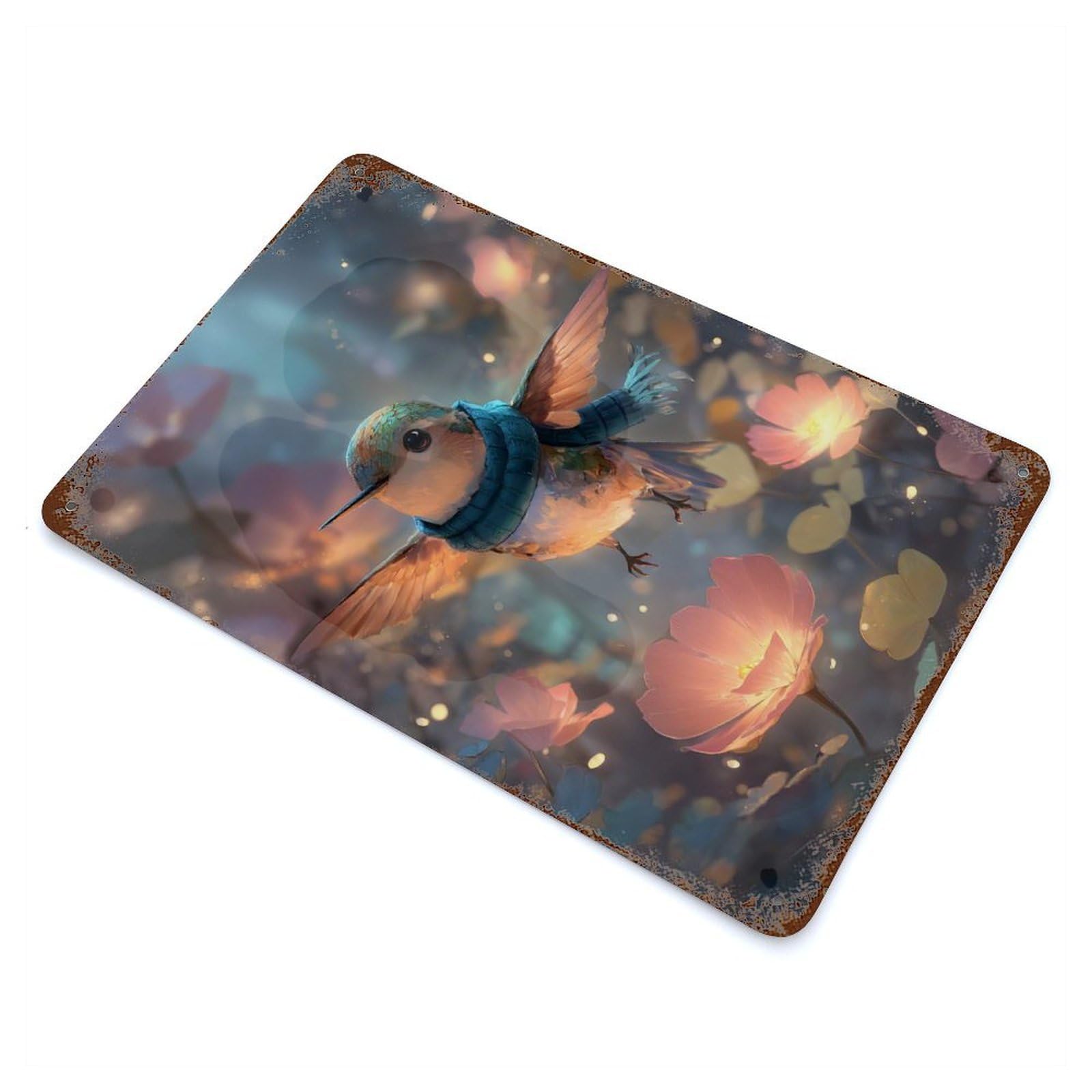 Garage Style Hummingbird with Scarf in Floral Setting Rust Effect Tin Sign 11.8"x7.9", Farmhouse Wall Decor for Bar And Workshop