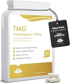 TMG Supplement 500mg per Capsule | Pure, High Strength Trimethylglycine TMG Supplement | 60 Capsules | Non-GMO | Made in The UK by Hellenia
