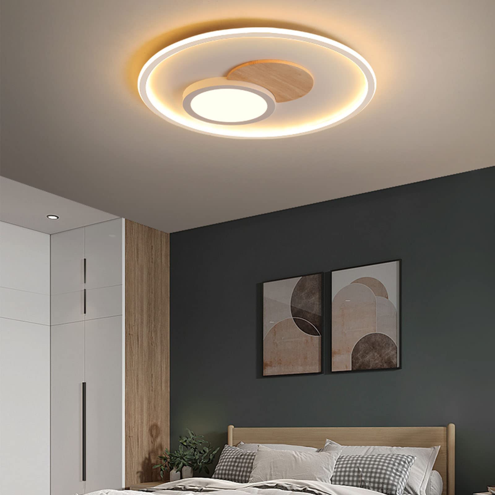 LED Deckenleuchte, Deckenlampe mit Holz, Deckenlampen Dimmbar mit Fernbedienung, Moderne Runde Holz Deckenlampe für Schlafzimmer Kinderzimmer Wohnzimmer Küche