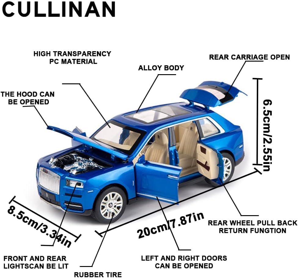 Image of Exquisite car Model 1 /24 Rolls-Royce CULLINAN Model Car,Zinc Alloy Pull Back Toy car with Sound and Light for Kids Boy Girl Gift. (Blue)