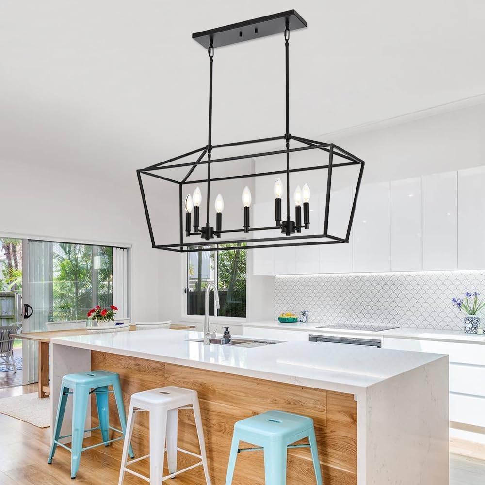 Farmhouse Kitchen Island Light,7-Light Metal Rectangle Dining Room Lighting,Black Contemporary Chandeliers Modern Dining Table Lights Industrial Linear Cage Pendant Light Fixtures
