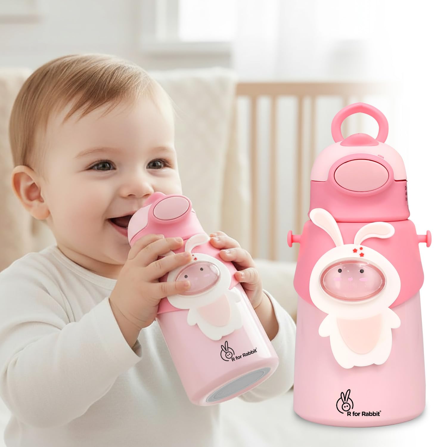 R for Rabbit Steebo Zoobie Premium Stainless Steel Water Sipper for Baby, Spill Proof BPA Free Soft Silicone Straw Drinking Sipper for Kids of 12+ Months (550ml, Pink Bunny)