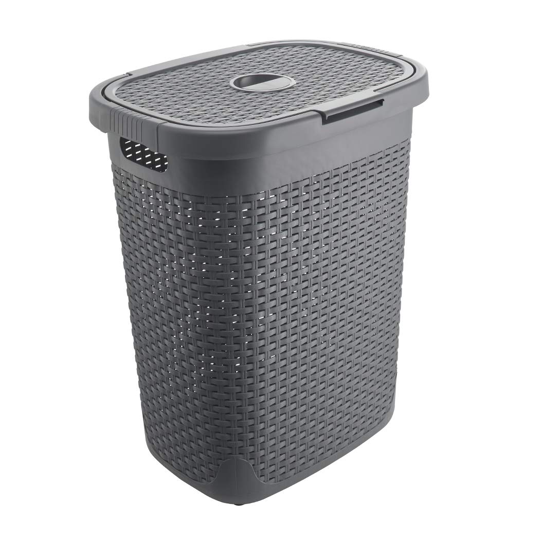 Addis Charcoal Faux Rattan 50 Litre Family Laundry Clothes Washing Hamper Bin With Lid, Grey