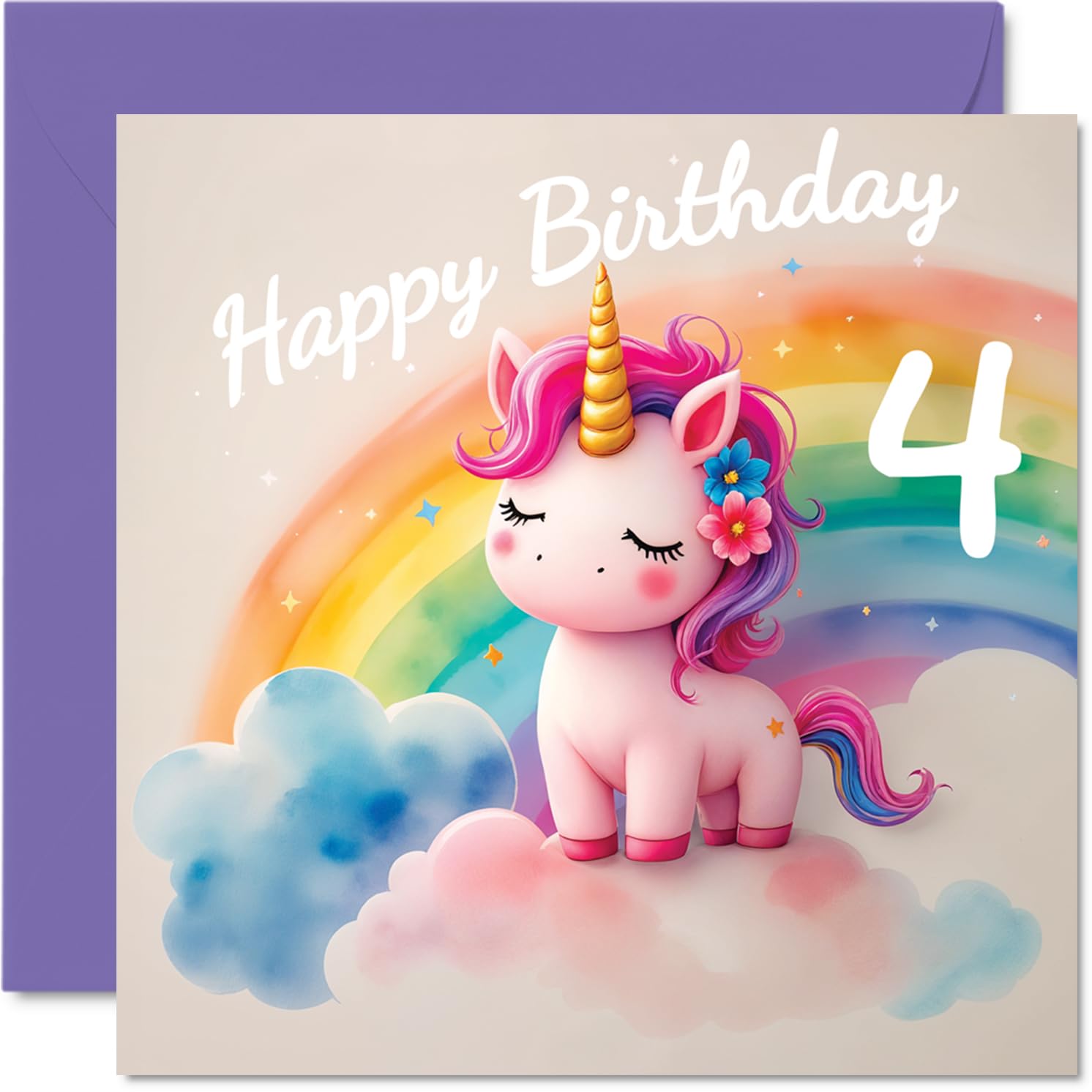 4th Birthday Cards for Girls - Unicorn in the Clouds - Happy Birthday Card for 4 Year Old Girl Daughter Niece Cousin Sister, 145mm Bday Greeting Cards