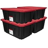 Heavy Duty Storage Tote, 27 Gallon, Black and Red, Stackable Container with Snap Lid, 4 Pack