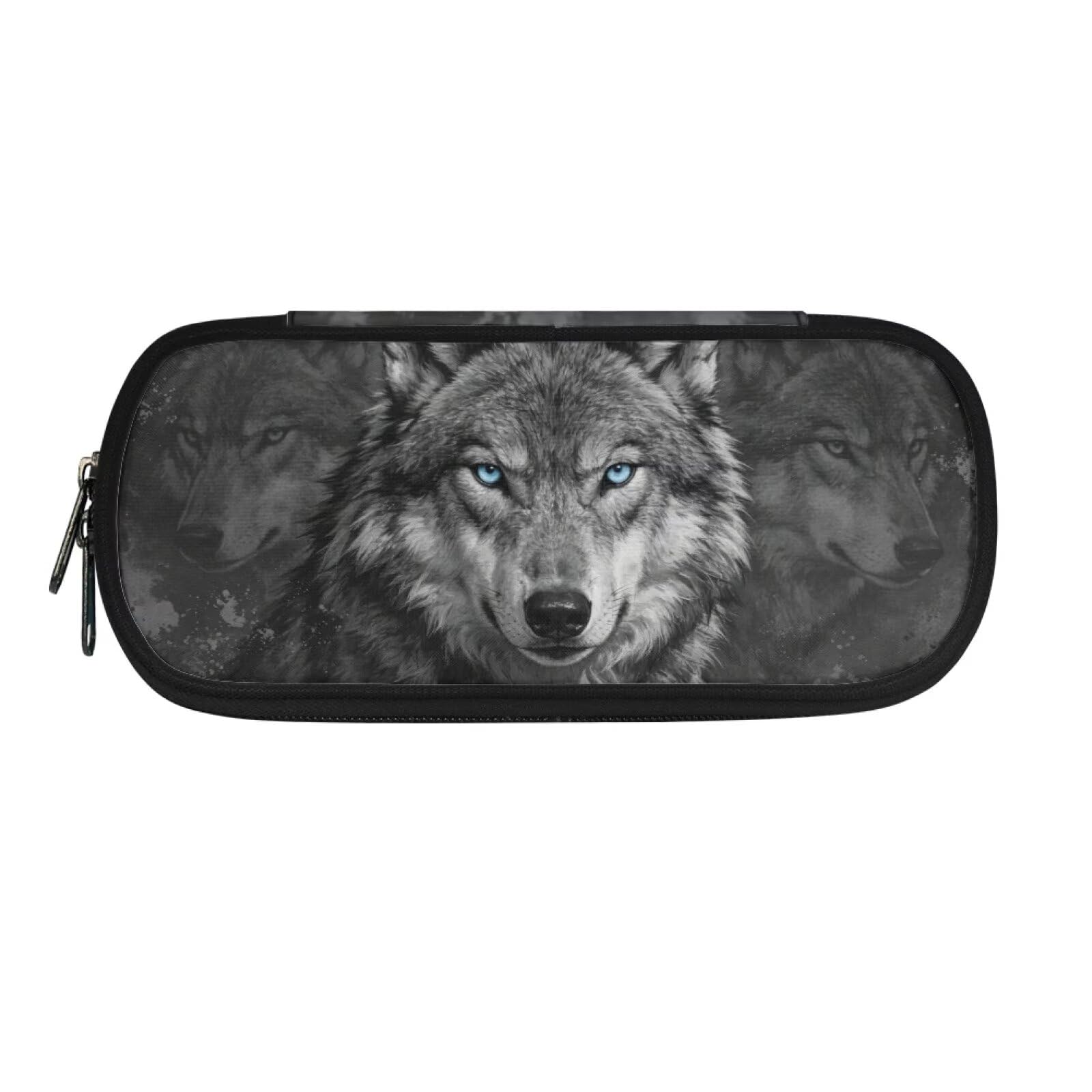 HUGS IDEA Tri-Blue-Eyed Wolf Pencil Case for Boys Durable Zipper Pencil Bag with Multi Compartments for Adults Office School Stationery Organizer Pouch Case — image 1
