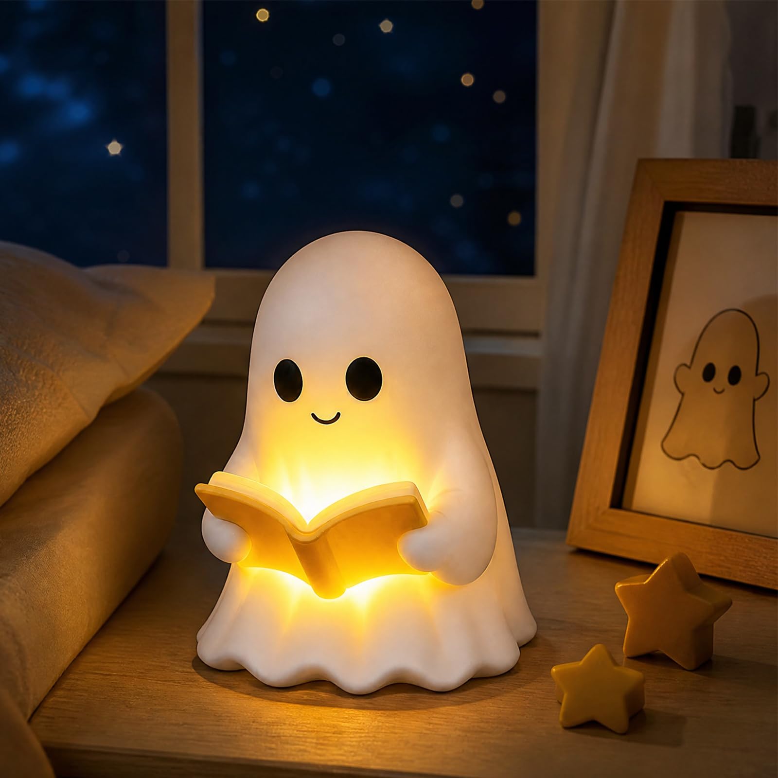 Cute Ghost Reading Book Lamp 3D Halloween Ghost Night Light with Book Funny LED Nightlight Figurine Soft Warm Ambient Decor Lamp for Bedroom Study Halloween Party Home Decor