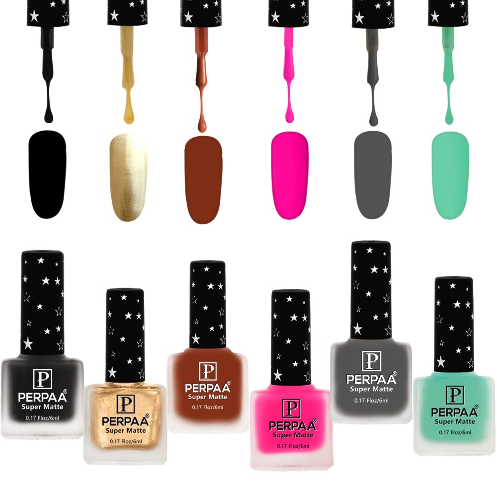 PERPAA® Super Matte Luxury Nail Polish Set of 6 Vibrant Shades 6 ML Each (Brown,Sea Green,Gold,Grey,Magenta,Black)