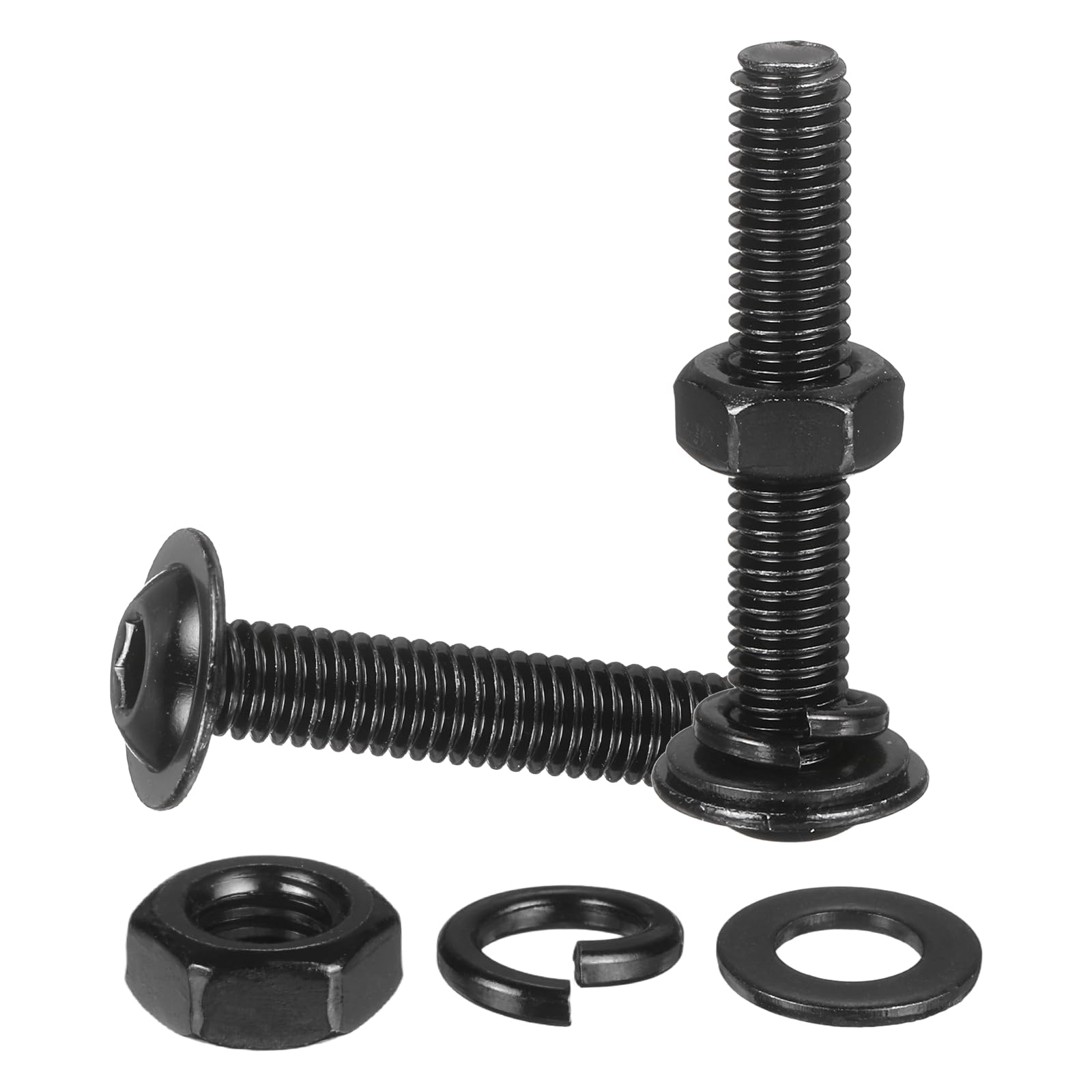 M METERXITY 10 Set M6 x 45mm Flanged Button Head Socket Cap Screws, Black 304 Stainless Steel 18-8 Hex Socket Head Screws Bolts, Nuts, Flat & Lock Washers for DIY, Furniture, Automotive