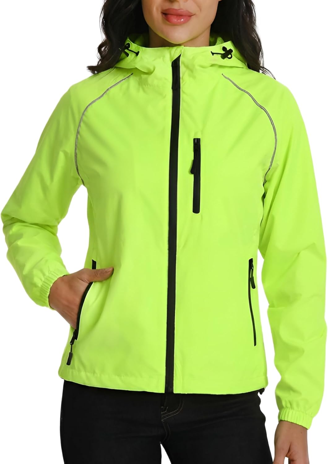 Women's Rain Jacket with Hood Waterproof Windbreaker for Running & Cycling Lightweight Packable Reflective Jacket