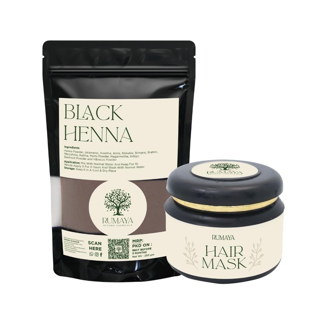 Rumaya Black Henna Powder and Herbal Hair Mask Combo – Natural Hair Color Deep Conditioning Shine Strength Grey Coverage Chemical-Free Care-image-47