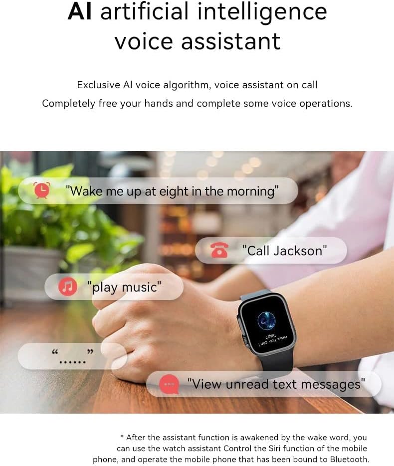 X8+ Ultra Smartwatch demonstrating AI voice assistant commands like 'Wake me up at eight in the morning' and 'Call Jackson'.