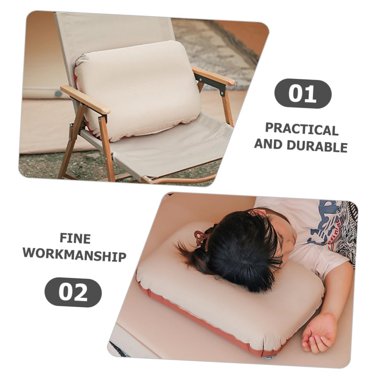 POPETPOP Cuscino Gonfiabile Ergonomico Beige in Spugna e Poliestere Pongee per Campeggio e Casa Facile da Sgonfiare e Compatto per Uso Quotidiano