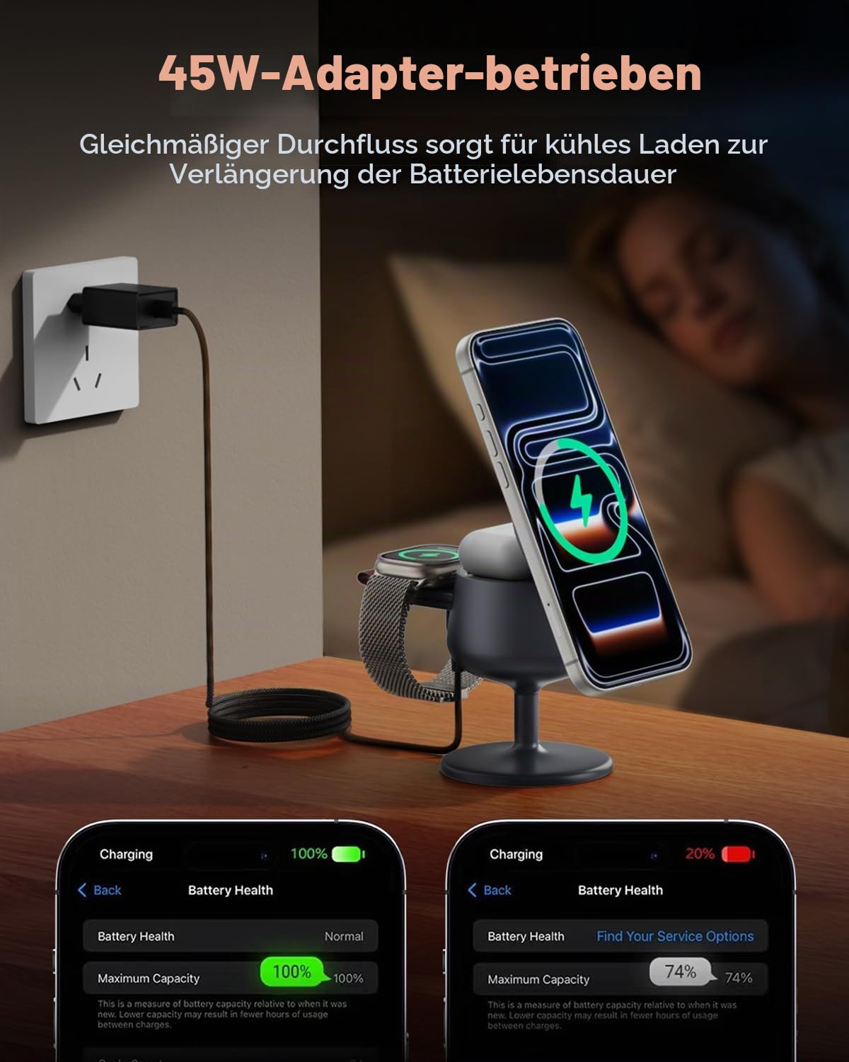 GEEKERA Qi2.2 25W 3-in-1 Ladestation für Apple: MagSafe-kompatibles Schnellladegerät für iPhone 17/16-12, 5W Fast Charger für Apple Watch & AirPods, 45W GaN Adapter, ideal für Zuhause und Büro