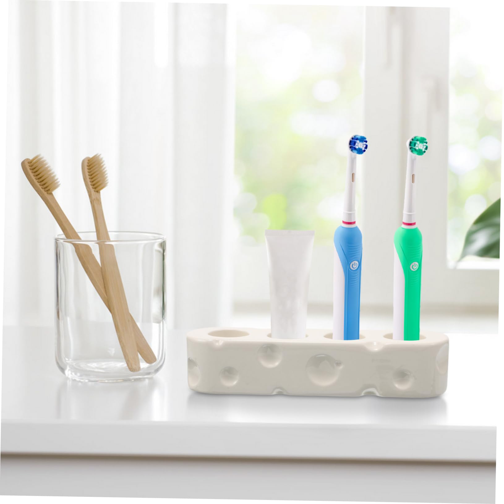Porta Spazzolini Base in Ceramica Bianca da Appoggio | Organizer da Bagno per Lavabo, Stile Minimalista Elegante, Adatto a Cucina e Bagno