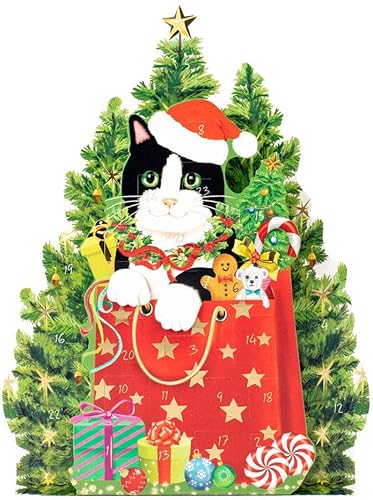 Caspari Calendario de Adviento de gato de Navidad  Cuenta regresiva de vacaciones troquelada 3D con 24 ventanas, arte festivo de gato, 12.25 x 17