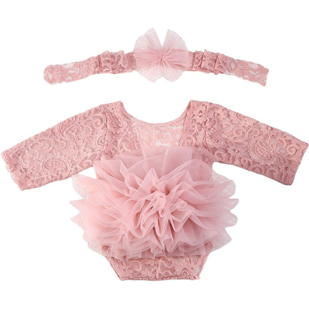 Baokuan Women's Pink Newborn Baby Girl Lace Rompers Birthday Princess Dress Mesh Jumpsuits Tulle One-Piece Headband Summer Onesie