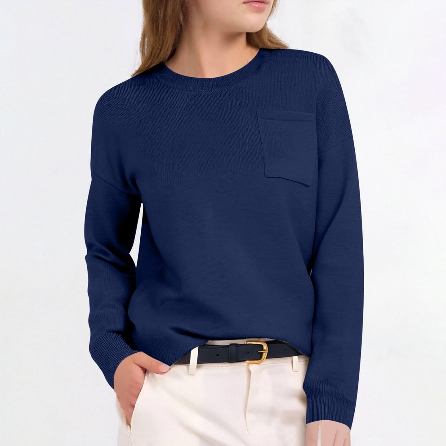 Tunic Tops for Women Loose Fit Dressy Long Sleeve Shirts Knit Sweater Crew Neck Fall Clothing with Pocket Curved Hem