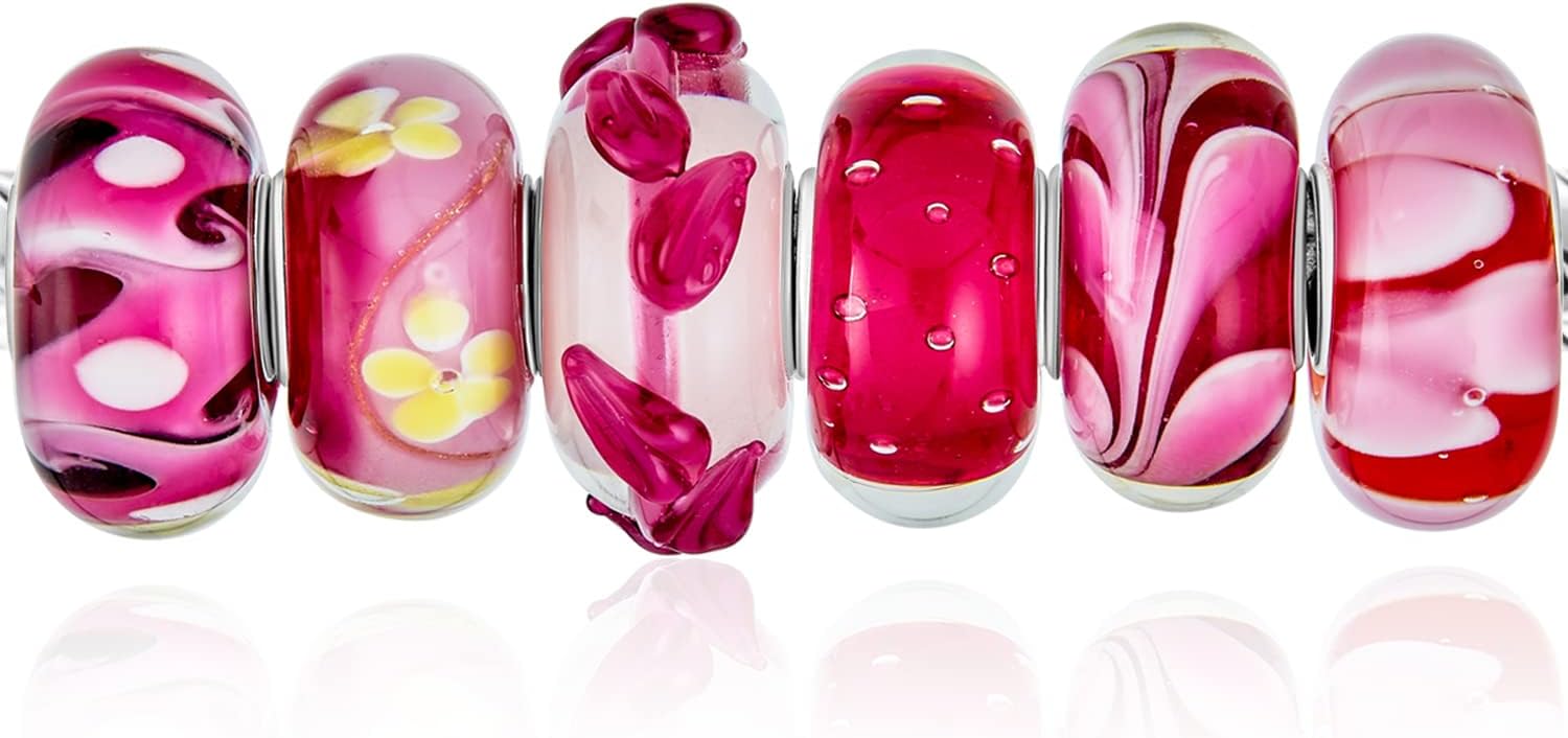 Mixed Set of Bundle .925 Sterling Silver Core Translucent Shades of Red Pink Floral Murano Glass Swirl Charm Bead Spacer Fits European Bracelet for Women Teen
