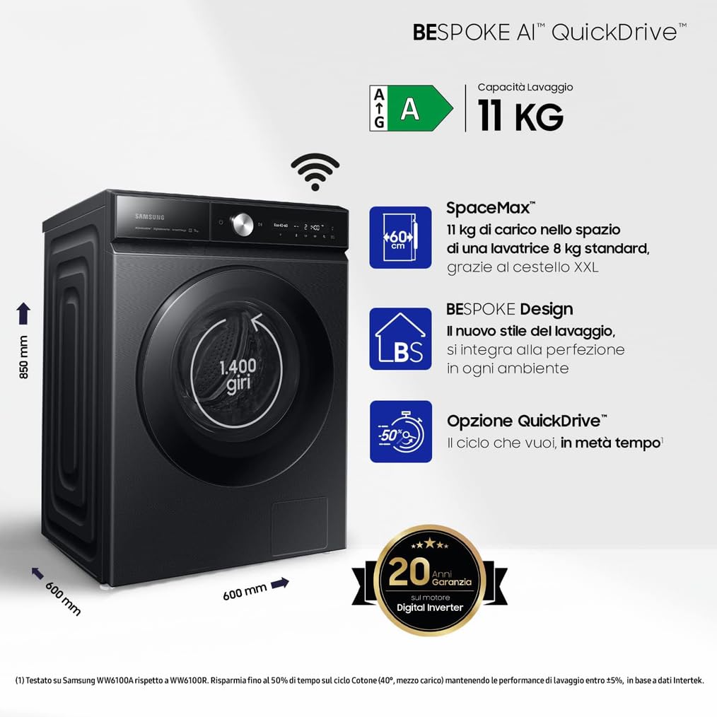 Samsung Lavatrice BESPOKE AI QuickDrive WW11BB944DGBS3 Libera installazione, 11 Kg, Classe A, Wifi, Vapore, Carica Frontale (Ricondizionato)