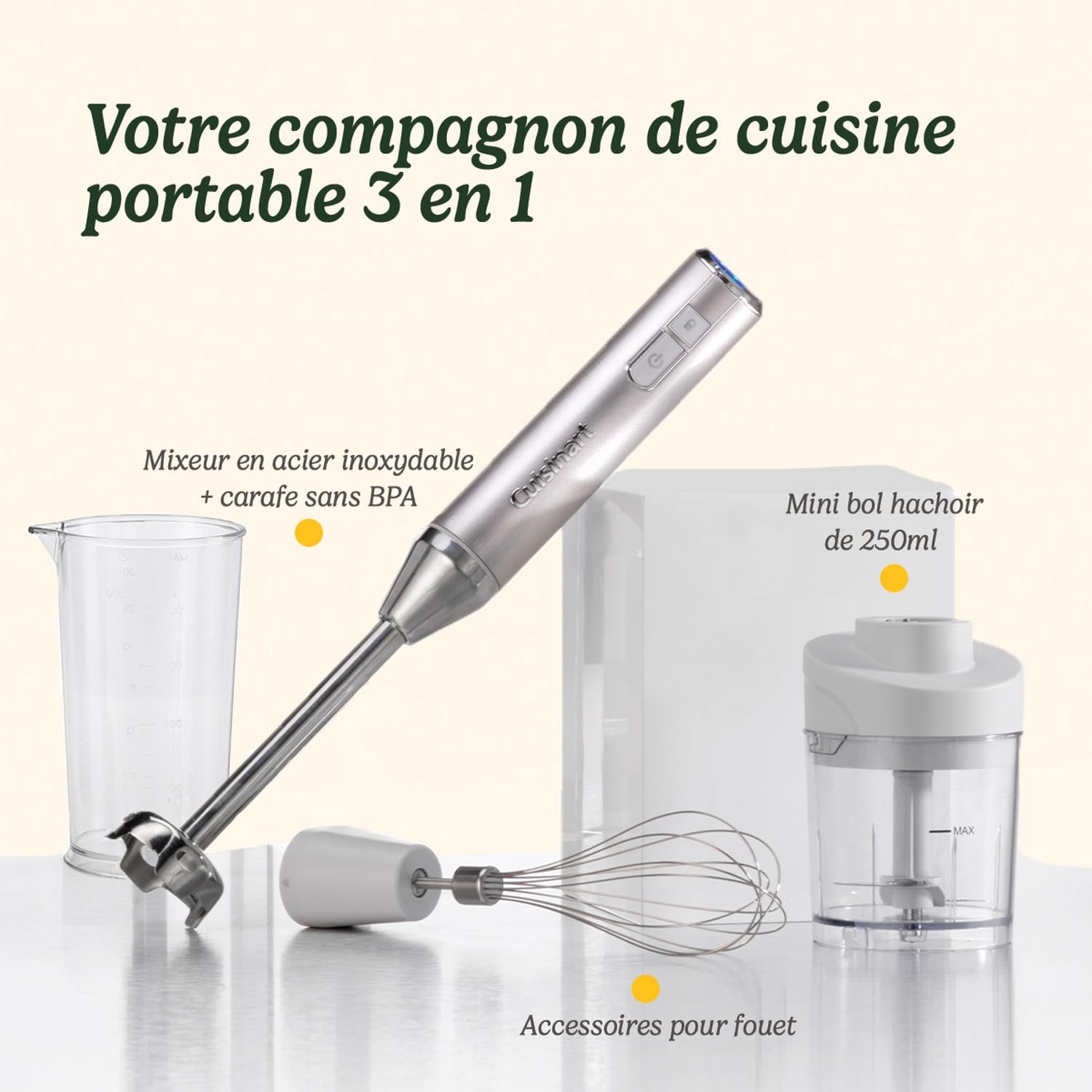 Cuisinart 3-en-1 Power Hand Blender - Fouet électrique en acier inoxydable, mélangeur à bâton et carafe sans BPA de 700 ml, mini hachoir de 250 ml - Portatif, sans fil - Chargement USB, Rechargeable