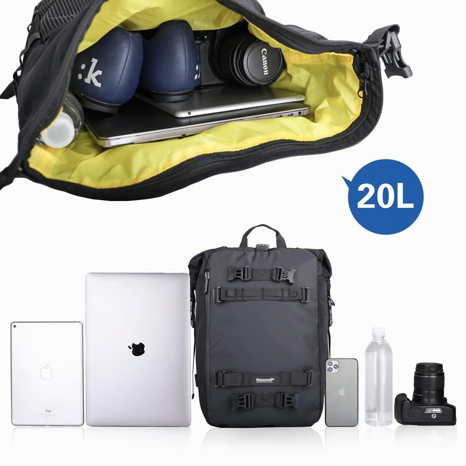 Rhinowalk Sacoche de selle pour moto – sac de porte-bagages étanche, sacoche extensible arrière 20L, modulaire combinable pour les voyages et les randonnées – Noir