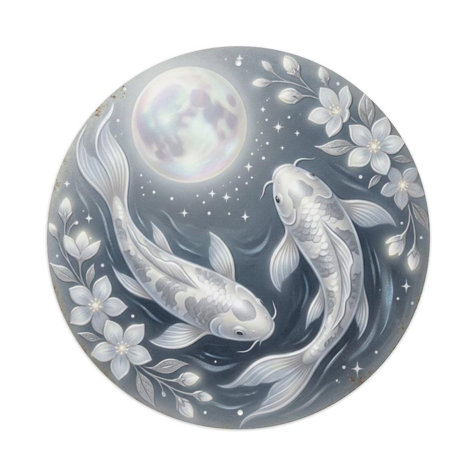 Fqcyn Style Koi Fish Pearl Moon Garden Entryway Metal Tin Sign Plaque Wall Decor For Cafe, Club Bar, Office, Home Garden Round Metal Poster 8X8inch