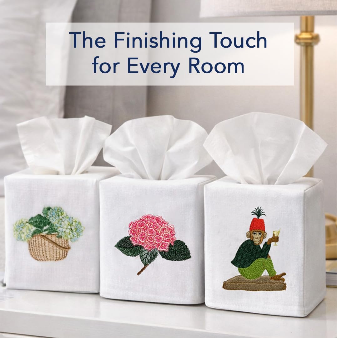 Jacaranda Living Square Tissue Box Cover, Linen/Cotton Tissue Holder, Decorative Cloth Tissue Cover, Fits Standard Square Tissue Boxes, Embroidered Animal Designs, Charming Elephant (Aqua)