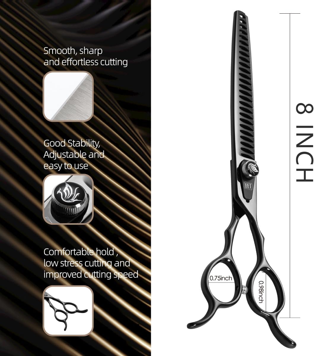 Dog Grooming Scissors: 8.0 inch Bright Black Pet Chunker Shears Made Of Japanese 440C Advanced Stainless Steel Professional Grooming Scissors for Dogs Cats and Other Pets