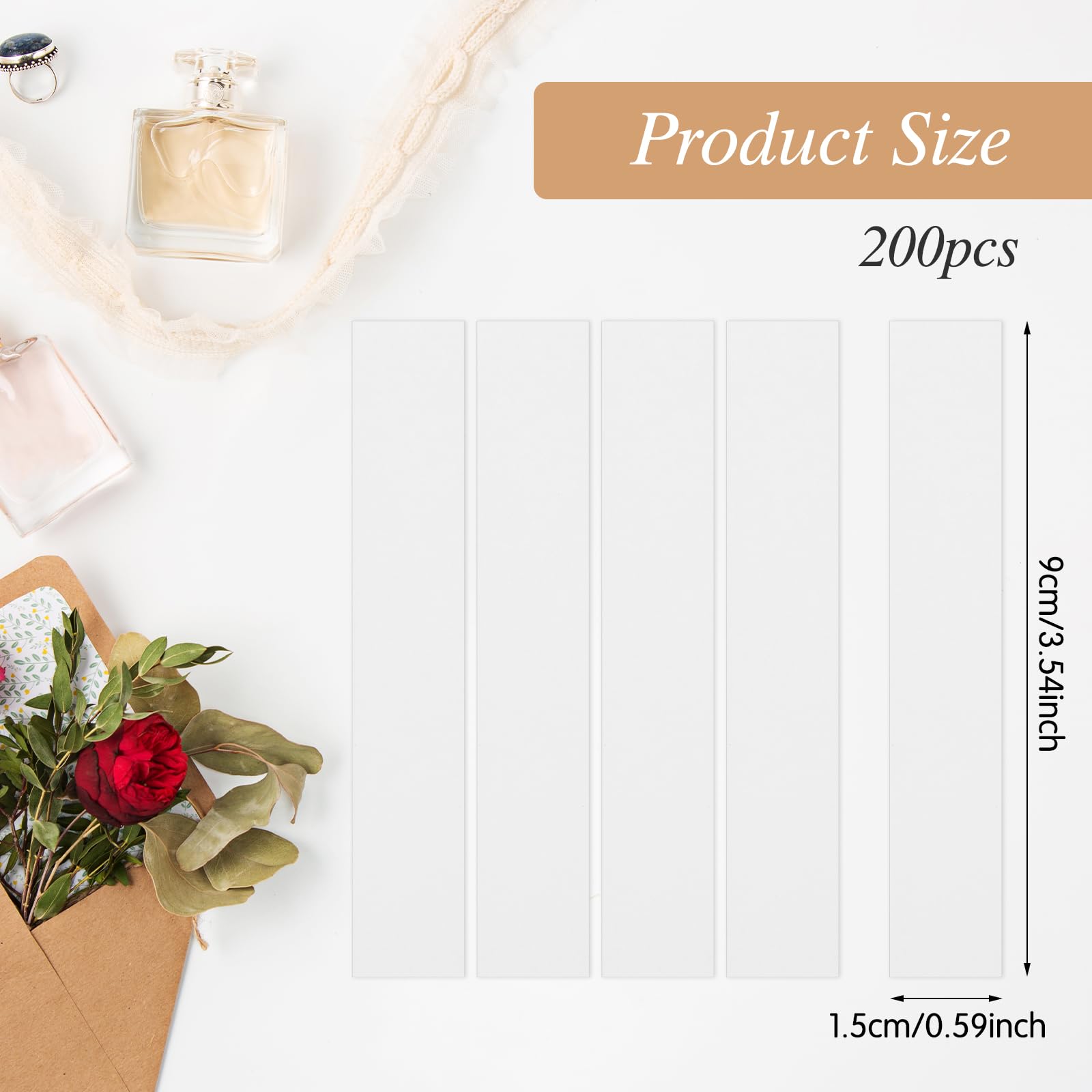 Bewudy 200 Piezas Tiras Reactivas de Perfume de Papel, Tiras Probadoras de Perfume, Papel Probador de Aroma de Aromaterapia Rectangular para Probar Fragancias Aceites Esenciales (9 x 1,5 cm)