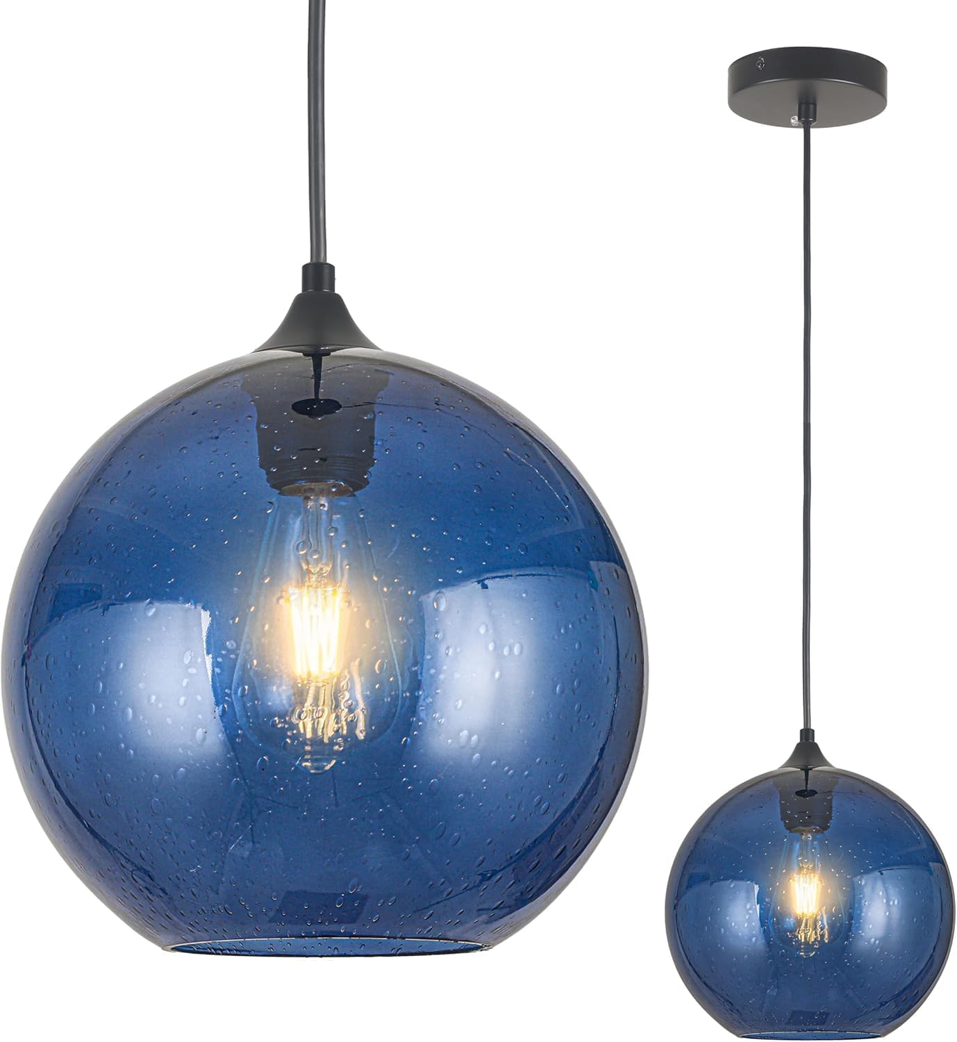 Blue Glass Pendant Lights Kitchen Island Lighting Modern Globe Pendant Light Fixtures Modern Pendant Lights for Kitchen Island Bedroom Living Dining Room Light Fixture,11.8inch