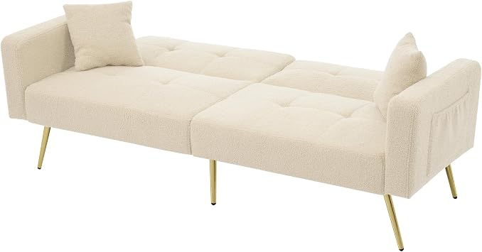 ModernLuxe Adjustable Sofa Sherpa Fabric Sofa Bed – 3 Reclining Angles, Gold Legs, High-Density Foam Cushion, Side Storage Pockets – Modern Convertible Sofa for Living Room & Guest Use Beige