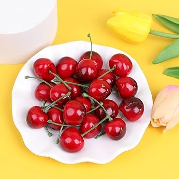 20 Pieces Artificial Red Cherries Artificial Fruit Decoration Simulation Cherry Model Lifelike Fruit Cherry Ornament Decoration for Home Kitchen Party Desk Decoration Photography