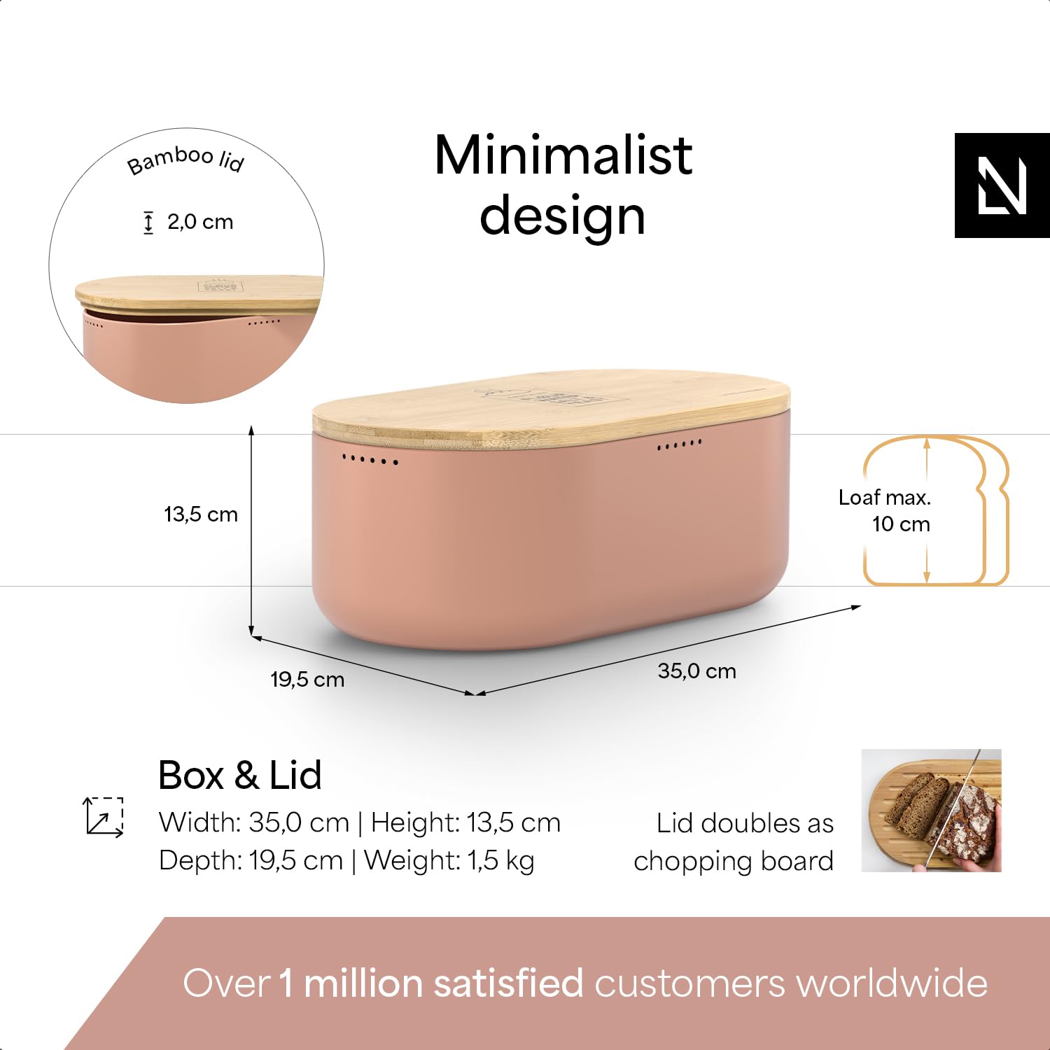 LARS NYSdiameter M Bread Box I Metal bread box for long lasting freshness I Baked goods Bin with bamboo lid usable as cutting board I 14.2x7.5x5.1 In (Blush Rose) - Image 4