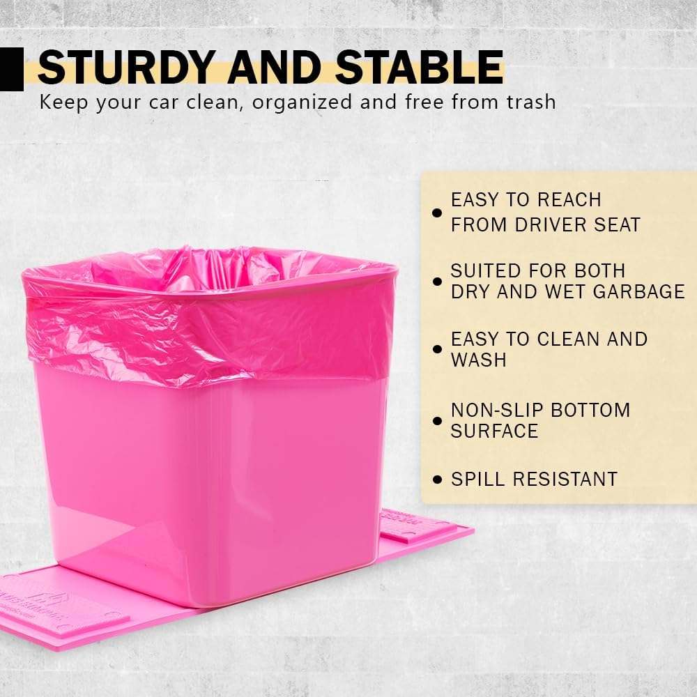 Pink Car Trash Can Plus Trash Bag Bundle – Leakproof, w/Stability Flap, Anti-Slip Base, Portable – Includes 1 Roll Inside + 6 Extra Roll (140pcs) – Black, Large – for Cars, SUV, & Trucks