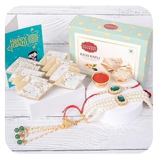 Kaameri Bazaar Rakhi for Brother and Lumba for bhabhi combo with Sweets - With Amul Kaju Katli Greeting Card and Roli Chawal Pack- Rakhi Gift - Green Bracelet Rakhi