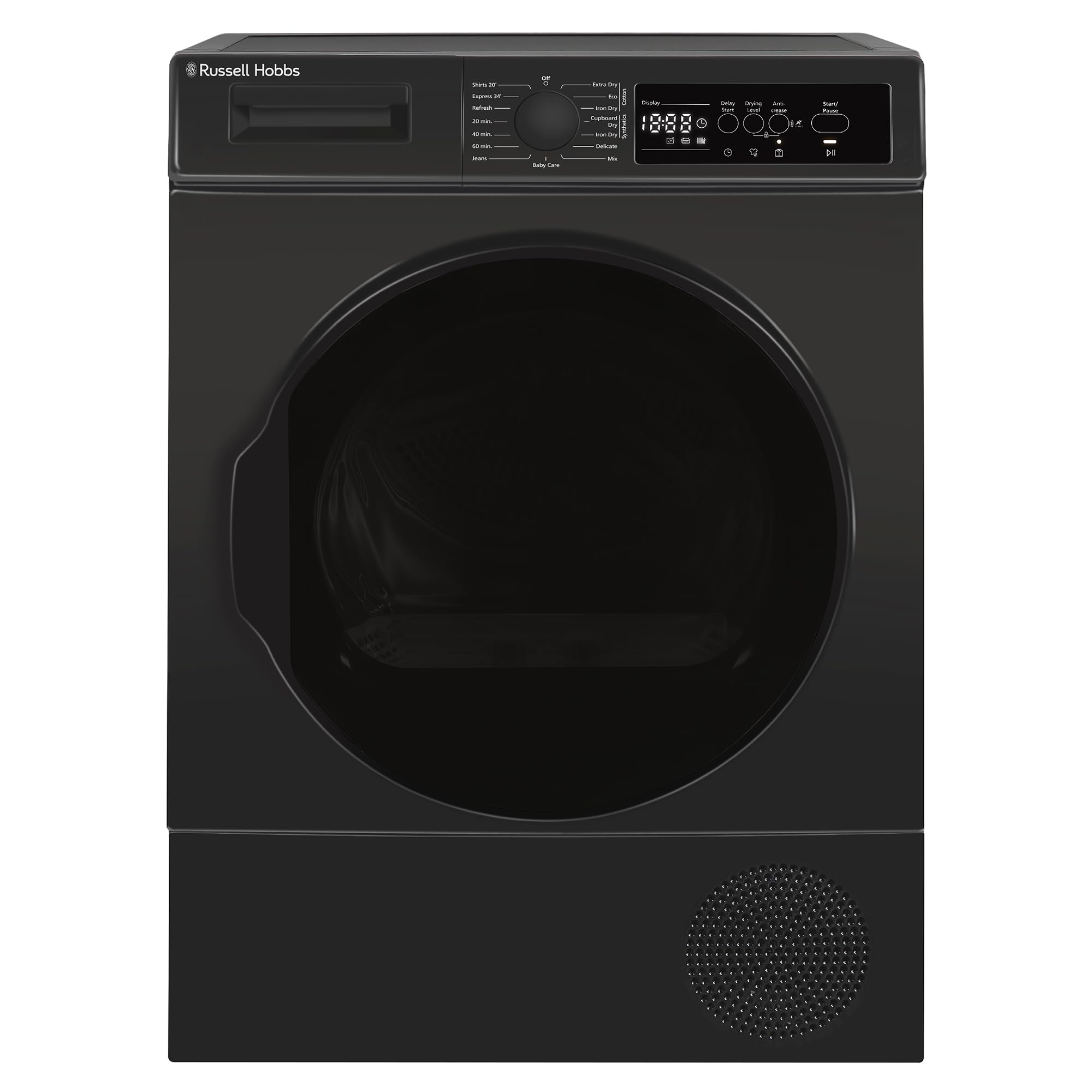 Russell Hobbs Freestanding Electric Heat Pump Condenser Tumble Dryer, 8kg Capacity, 15 Programmes, 3 Heat Settings, LED Display, Anti-Crease, Child Lock in Anthracite RH8HPTD1E12AN