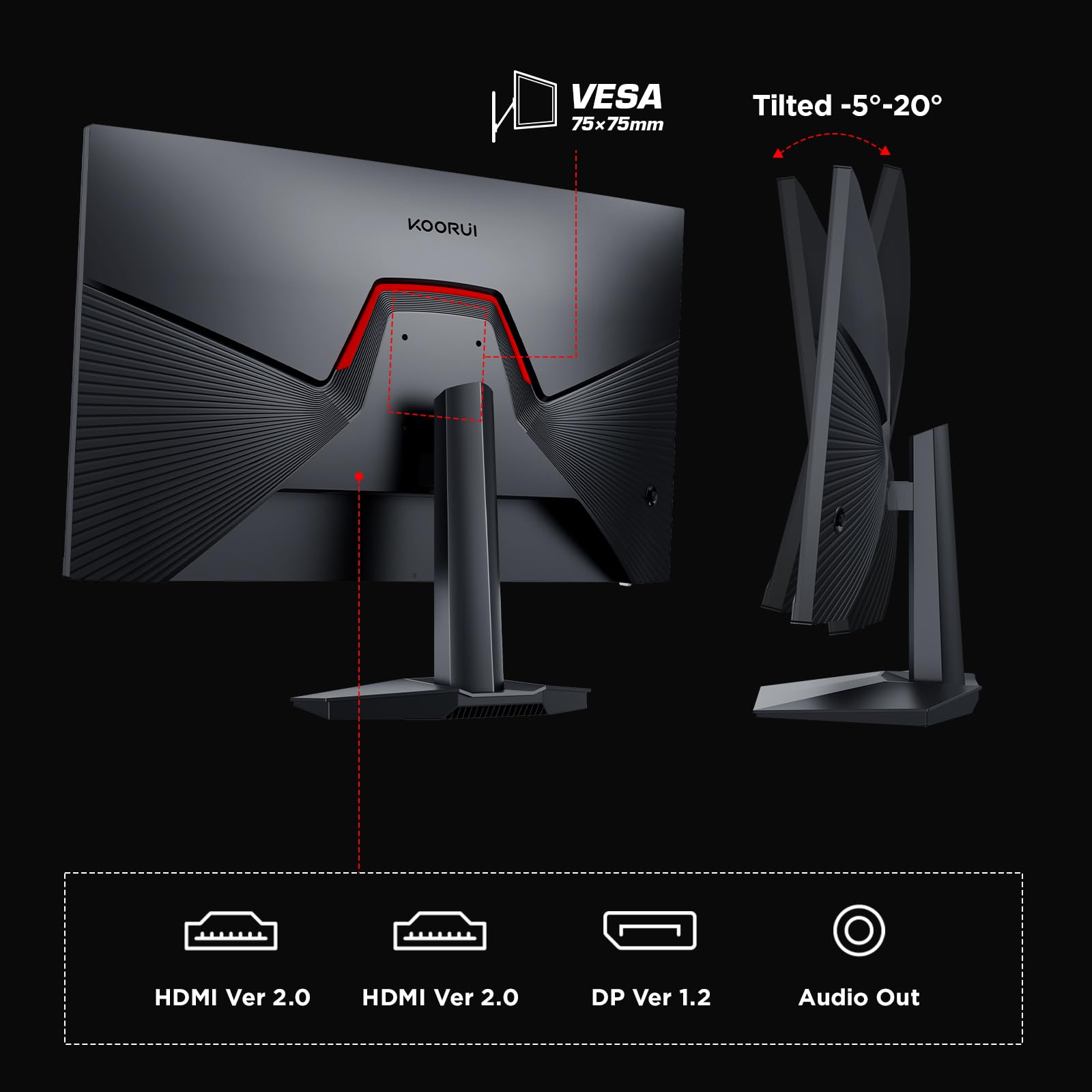 KOORUI Gaming Ercan PC 27 cali, monitor PC 165 Hz, FHD (1920×1080), IPS, 1ms GTG, Adaptive Sync, Kompatybilny z VESA 75 x 75 mm, 90% DCI-P3 (HDMI, DisplayPort) Czarny