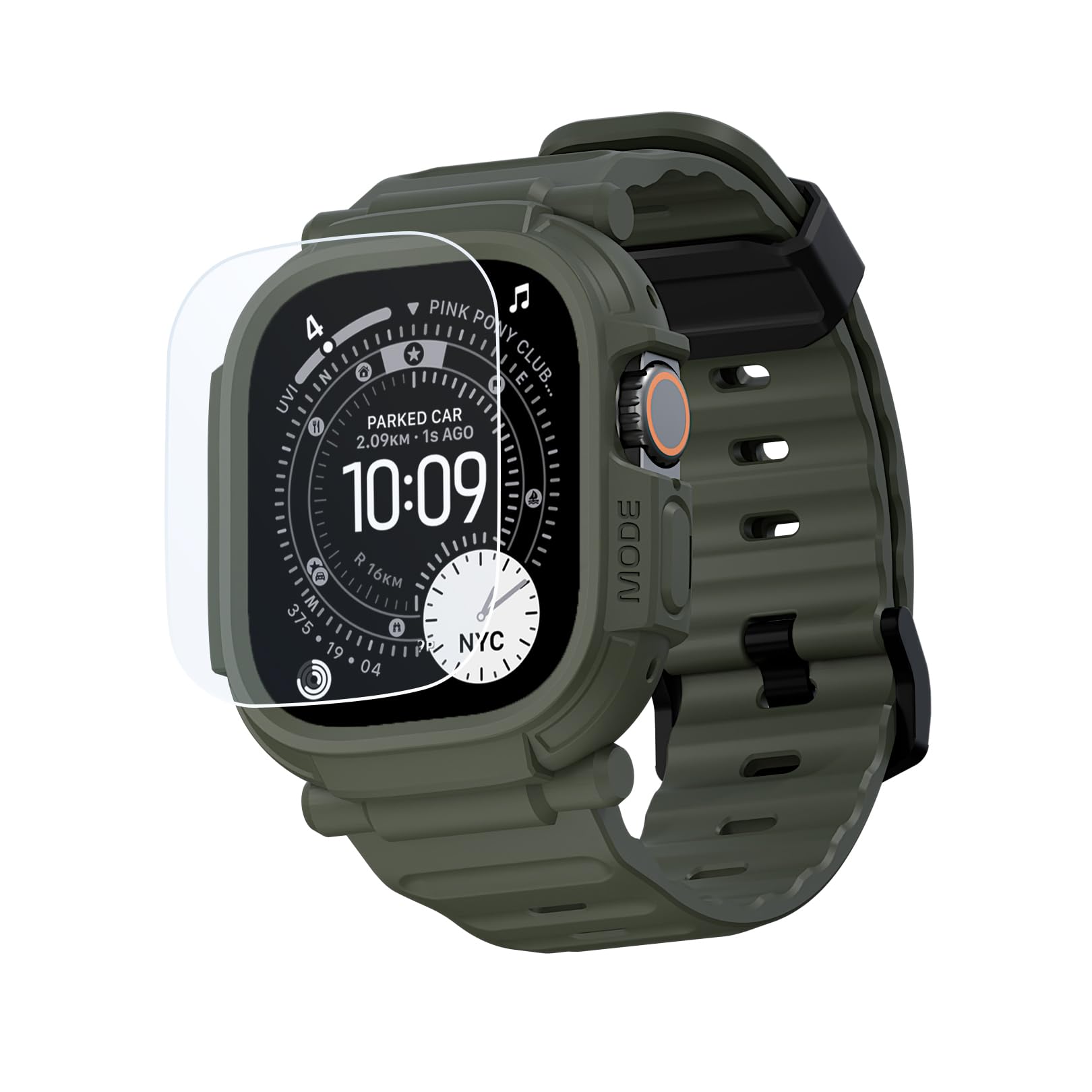 elkson Hergestellt für Apple Watch Ultra 3 2 1, 49 mm, Displayschutzfolie aus gehärtetem Glas, Quattro Pro Serie, robust, für iWatch-Stoßstange, Militärqualität, langlebig, stoßfest, Grün