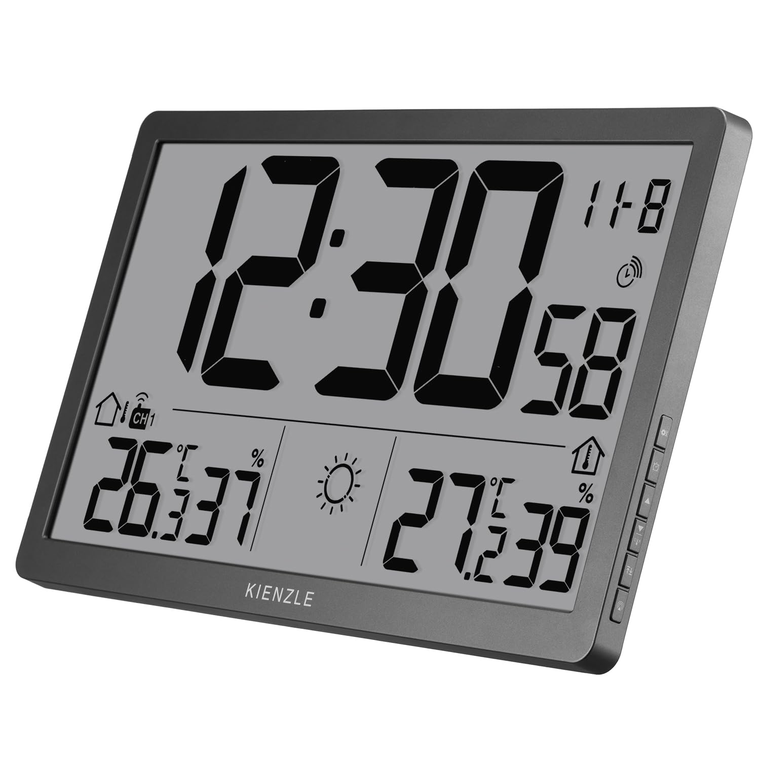Kienzle Funk-Wetter-Wanduhr mit XL LCD Display, Außensensor, Temperatur Luftfeuchtigkeit grau