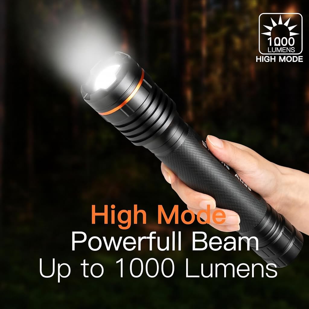 KunHe Lot de 2 grandes lampes de poche LED à cellules 3D en aluminium avec zoom et haute luminosité, 1000 lm, alimentée par batterie, grande lampe de poche pour la maison, les coupures de courant, le