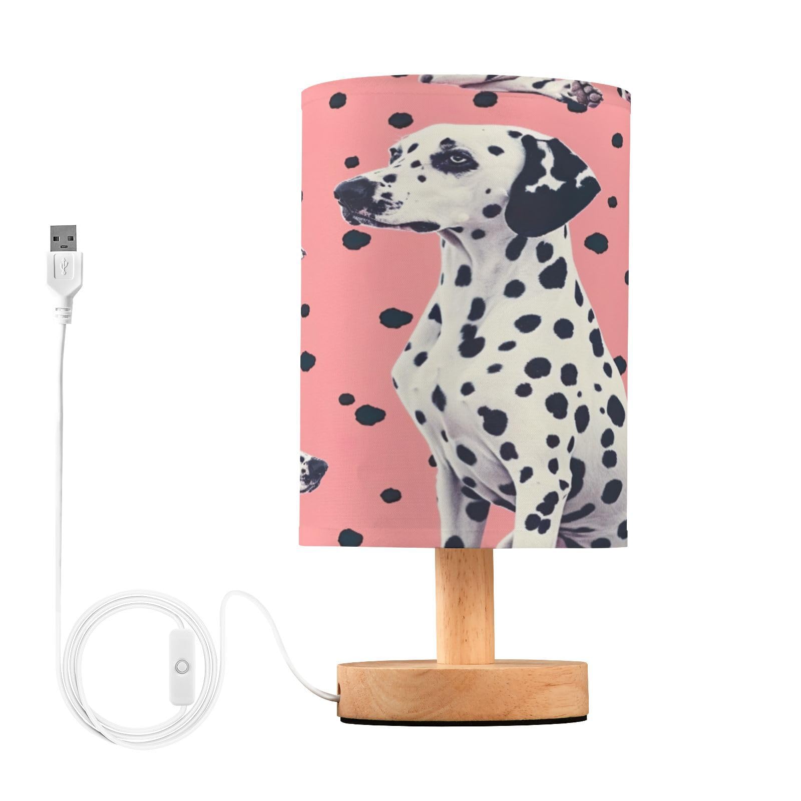 xigua Dalmatian Dog Pattern Bedside Table Lamp, Nightstand Lamp with Linen Fabric Shade - Wooden LED Desk Lamps for Bedrooms, Study Room, Home, College Dorm, Office