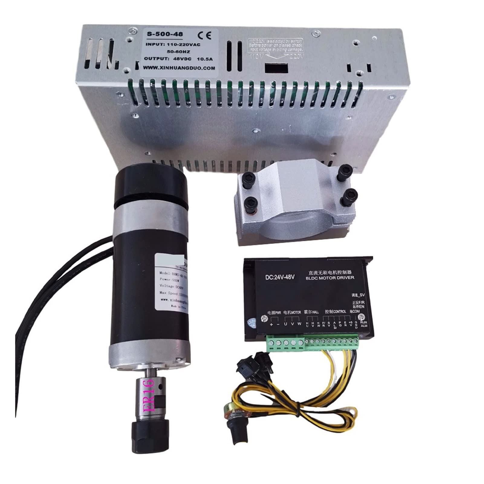 CVFRDD CNC Spindle Motor Kit 48v 500W ER16 Brushless Spindle+57MM Clamp With Screws+ 48V Motor Driver+48VDC 10.5A Power Supply