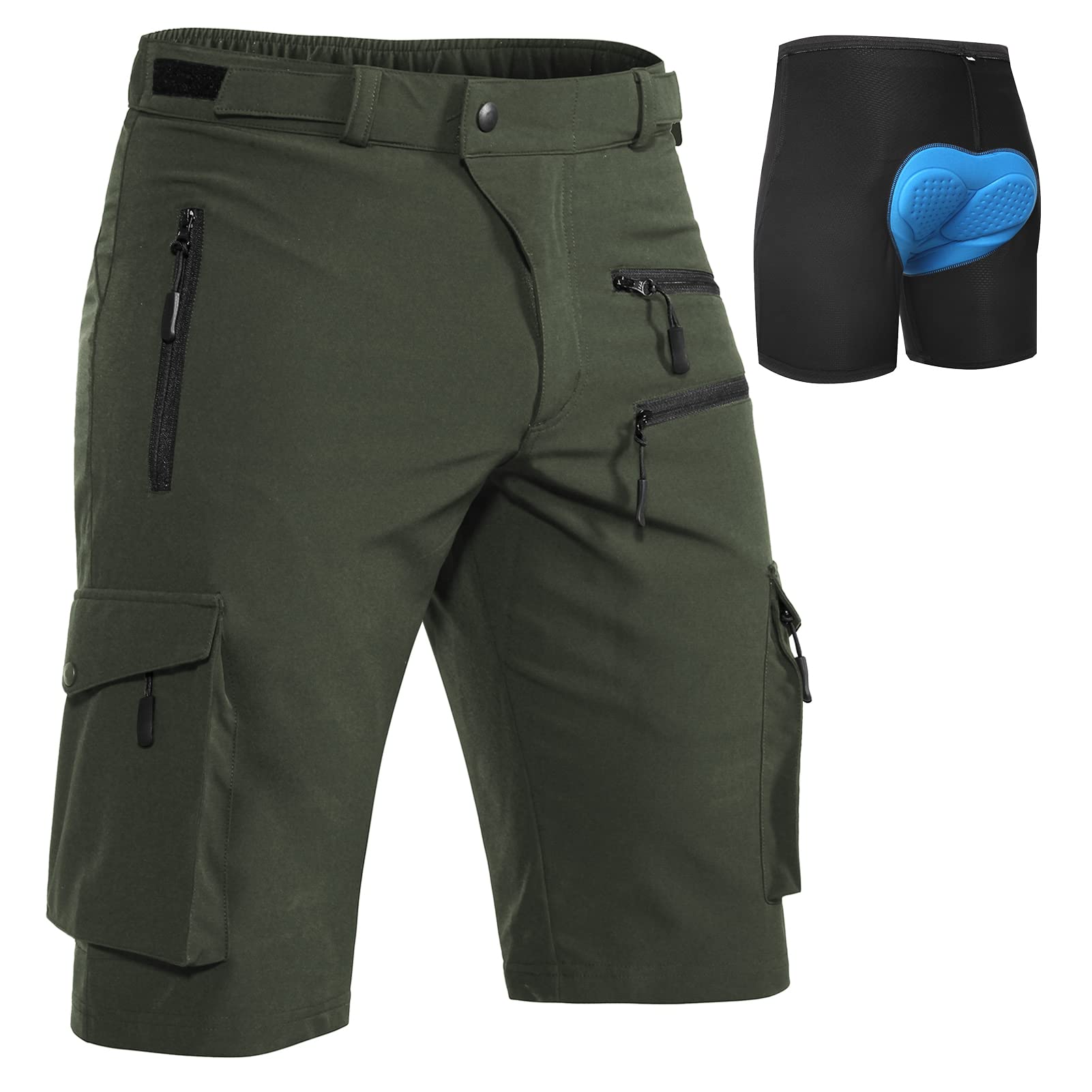 Hiauspor Pantalones Cortos de Ciclismo de montaña para Hombre, de Secado rápido, con Bolsillos con Cremallera MTB Trekking (Multi-Verde, L)