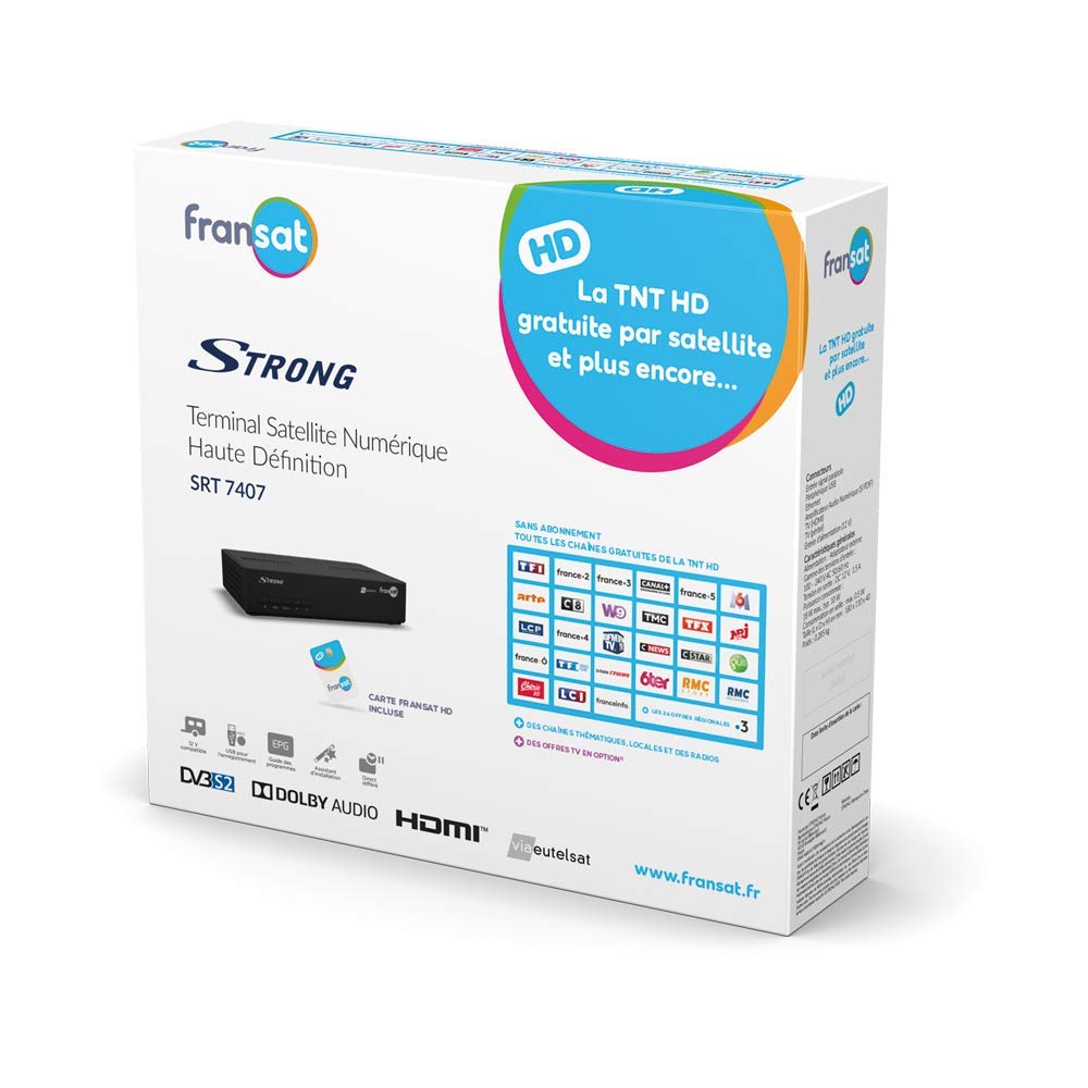 STRONG SRT7407 FRANSAT HD, DVB-S2, recevoir la TNT par Satellite, Carte FRANSAT valable 4 Ans, HDMI, Péritel, Spdif, USB, Flux RSS, Alimentation 230/12V fournie