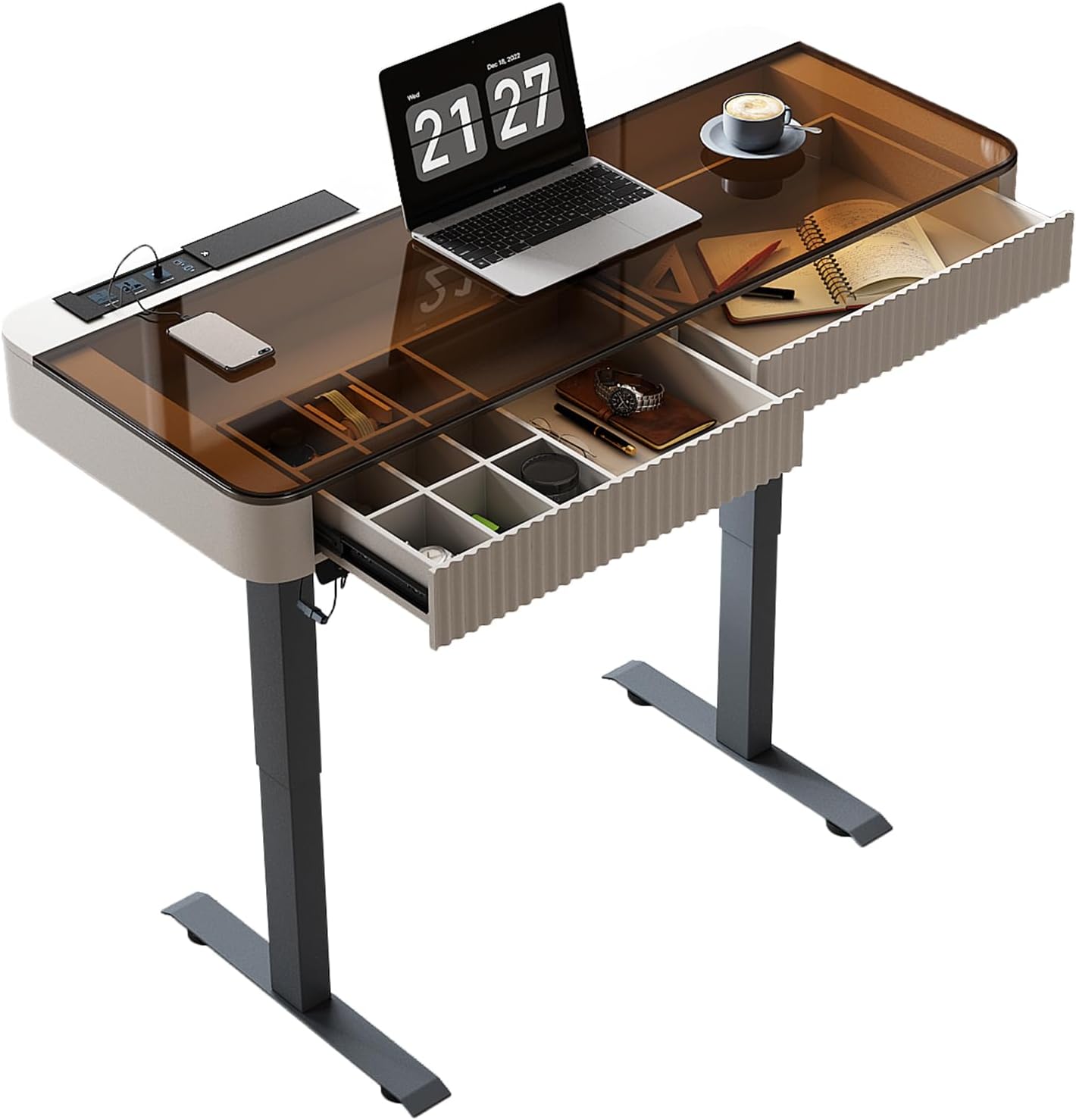 Lartis Office Desk, Electric Computer Lift Table Standing Desk with Drawer Charging USB Port, Home Office Laptop Table with Drawer (Ivory, 29.5" H x 50" W x 23" D)