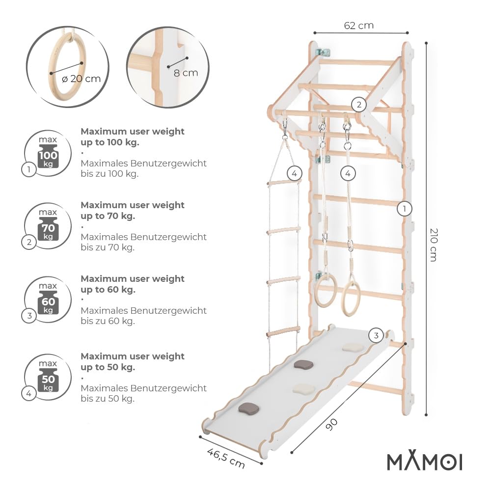 MAMOI® Espalderas Gimnasio para casa (L/XL/XXL) y aditivos | Espaldera Gimnasio de Madera Yarnwood | Espalderas Gimnasio de Interior diseño Moderno | Escalera Sueca | Barra Gimnasia | 100% Eco